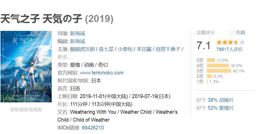 天气之子评分惨淡，豆瓣只有7.1，新海诚到底“做错”了什么？