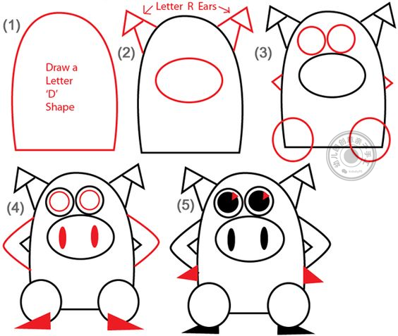 儿童简笔画：六个带步骤的小教程，教你画出一只帅气又可爱的猪