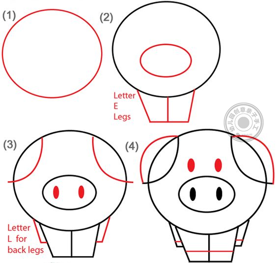 儿童简笔画：六个带步骤的小教程，教你画出一只帅气又可爱的猪