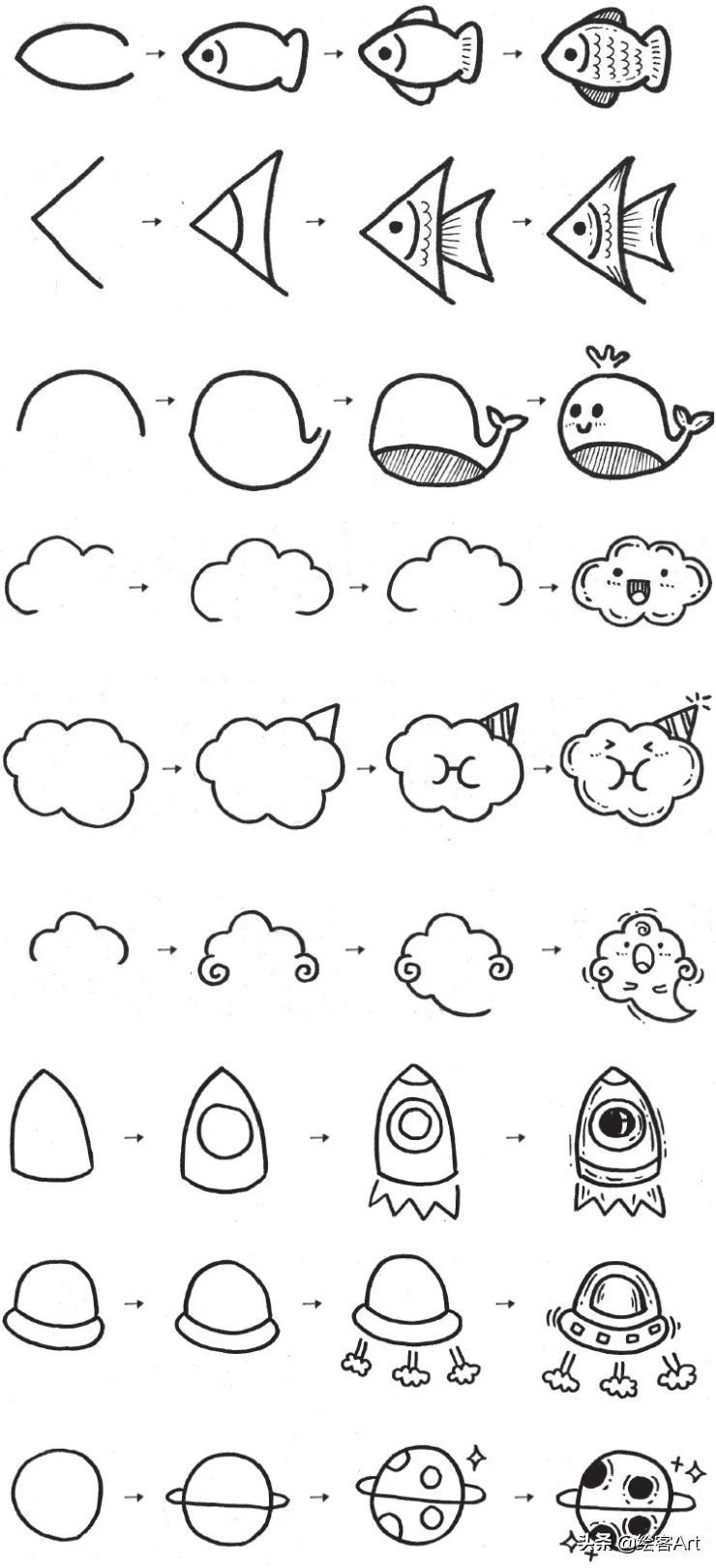 4步就能完成的涂鸦风简笔画，教你画动物、美食、星辰和女生头像